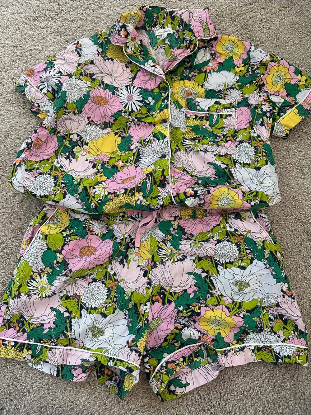 Vera Bradley Floral Short-Sleeve Pajama Set in Pink, Green & Yellow